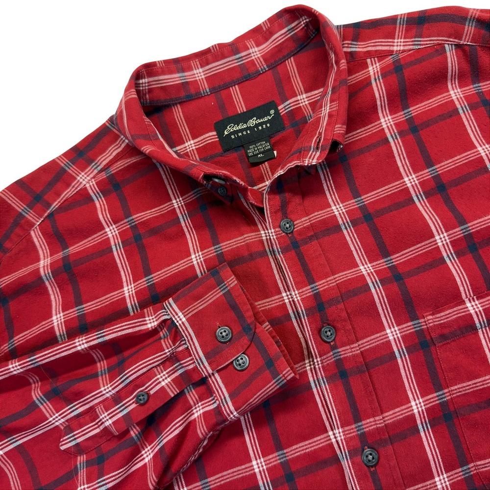 Eddie Bauer Flannel Shirt Mens XL Red Plaid Cotton Button Down Long Sleeve